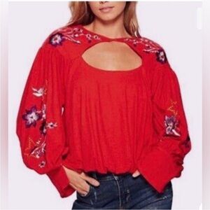 FREE PEOPLE Lita Top Sz M Red Embroidered Linen Blend Cut Out Boho! Size small.